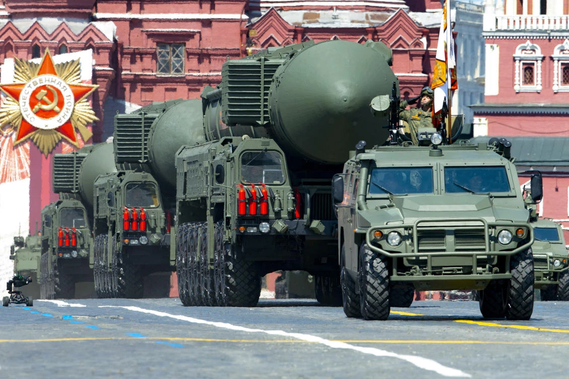 Russian RS-24 Yars ballistic missiles roll in Red Square during the Victory Day military parade in Moscow on June 24, 2020. (AP)