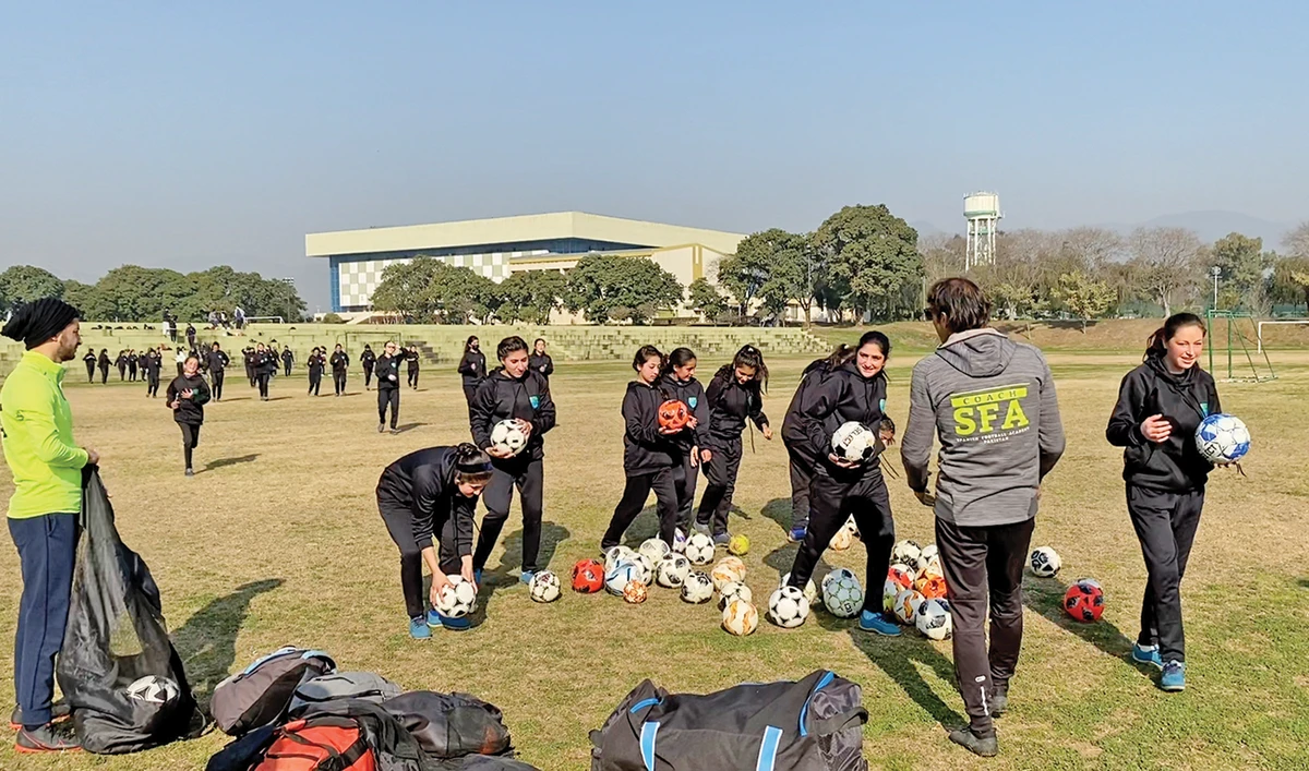 Chitral Women’s Sports Club football team train at Islamabad Sports Complex. (Supplied)