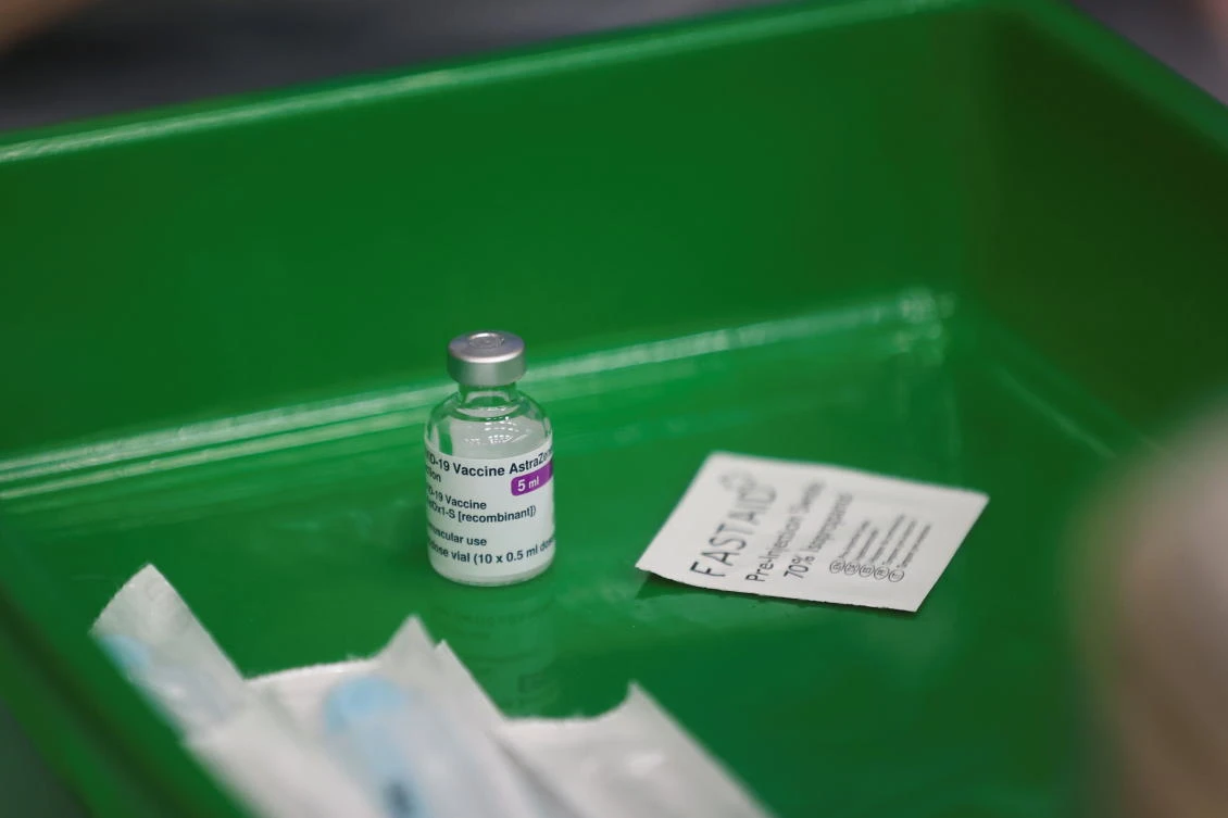 A vial of the AstraZeneca's vaccine for the coronavirus disease (COVID-19) is pictured at the Derby Arena velodrome in Derby, Derbyshire, Britain, January 29, 2021. (Reuters)