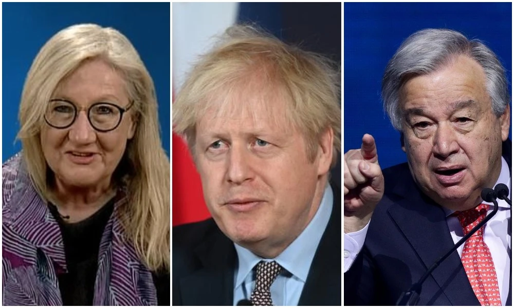WHO spokeswoman Margaret Harris (L) appealed to the UK to pause its vaccine campaign, Prime Minister Boris Johnson (C) said all adults in UK should be offered a first vaccine dose by autumn, while UN Secretary-General Antonio Guterres (R) said governments had a responsibility to protect their people. (Reuters/File Photos)
