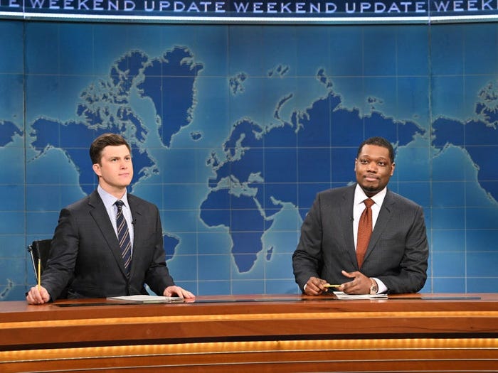 Anchors Colin Jost and Michael Che during Weekend Update on Saturday, February 20, 2021. (Getty Images)