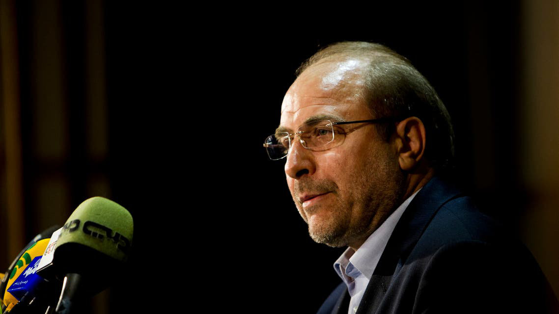 Iranian Parliament speaker Mohammad Baqer Ghalibaf speaks during a press conference. (AFP)