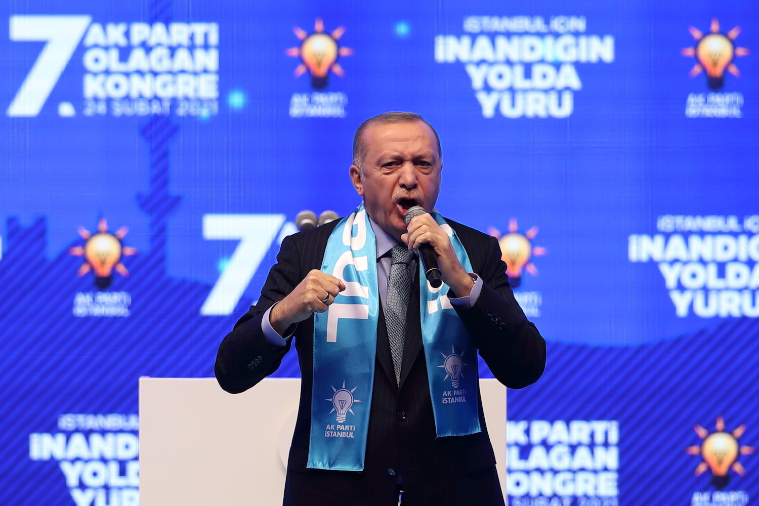 Turkish President Tayyip Erdogan gives a speech in Istanbul, Turkey on February 24, 2021. (Reuters)