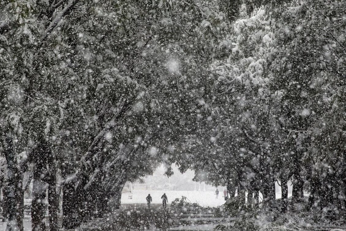 People make their way at the Zappeion area during heavy snowfall in Athens, Greece, February 16, 2021. REUTERS/Costas Baltas