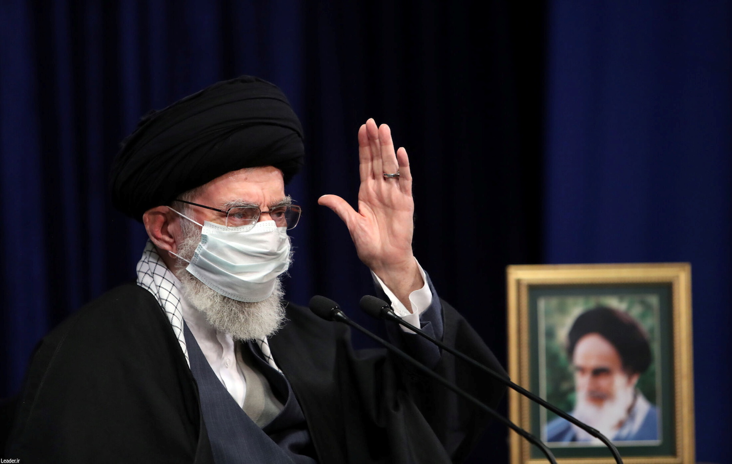 Iran's Supreme Leader Ayatollah Ali Khamenei wears a mask during a virtual speech, in Tehran, Iran February 17, 2021. (Reuters)