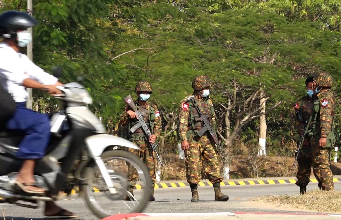 Soldiers guarded streets in Naypyidaw on Feb. 1, 2021, after the military detained the country’s de facto leader Aung San Suu Kyi and the country’s president in a coup. (AFP)