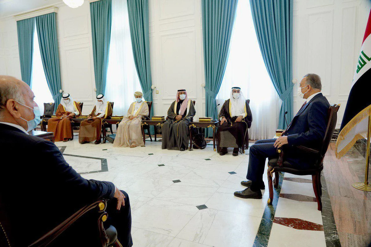 Iraqi leader Mustafa Al-Kadhimi and Nayef Al-Hajraf discussed rebuilding Iraq after the war with Daesh. (Iraq PMO)