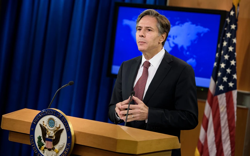 Secretary of State Anthony Blinken attends a press conference about the 2016 annual report on international religious freedom at the US Department of State on August 10, 2016, in Washington, DC. (AFP/File)