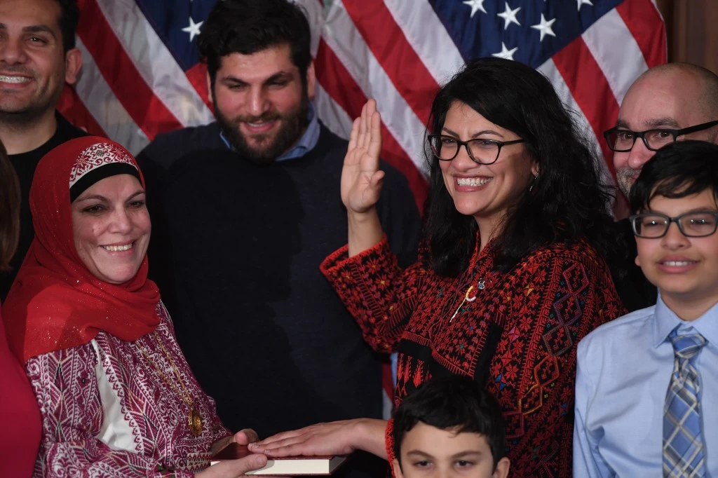Rashida Tlaib takes the oath of office in 2019. (AFP/File)