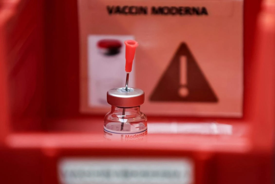 File photo taken on Feb. 2, 2021 shows a vial of the Moderna Covid-19 vaccine at the first Covid-19 vaccination center in Belgium, in Brussels, amid the crisis linked with the Covid-19 pandemic caused by the novel coronavirus. (File/AFP)