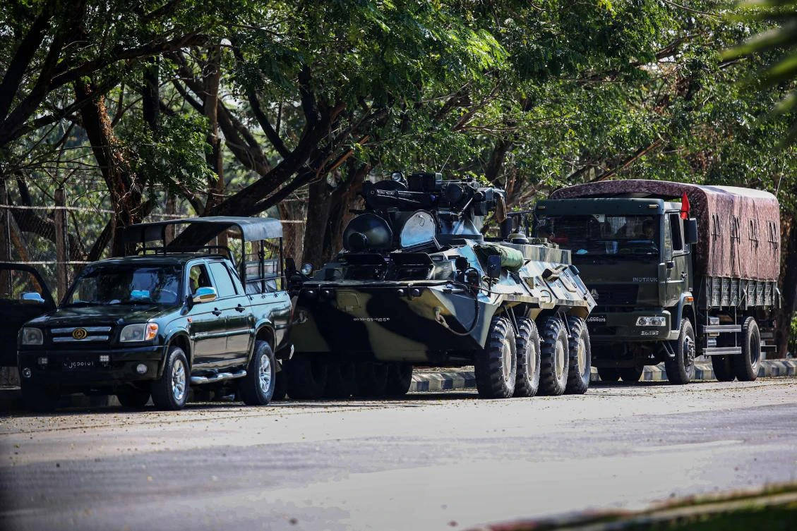 Soldiers keep watch near a guesthouse, where members of parliament reside, in the country's capital Naypyidaw on February 3, 2021. (AFP)