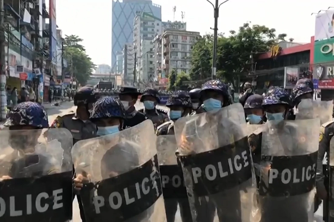 Police were out in force with riot shields as protesters gathered during a demonstration against the military coup in Yangon on Feb. 6, 2021. (AFP)