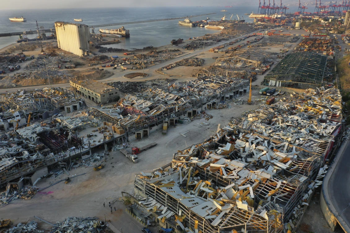 This Aug. 28, 2020 file photo, shows the destroyed port warehouses at the site of the Aug. 4 massive explosion in Beirut, Lebanon. (AP)