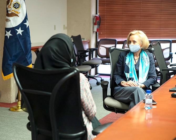In this photo, US Charge d’Affaires to the Kingdom of Saudi Arabia, Martina Strong speaks during an interview with Arab News in Riyadh. (Supplied)