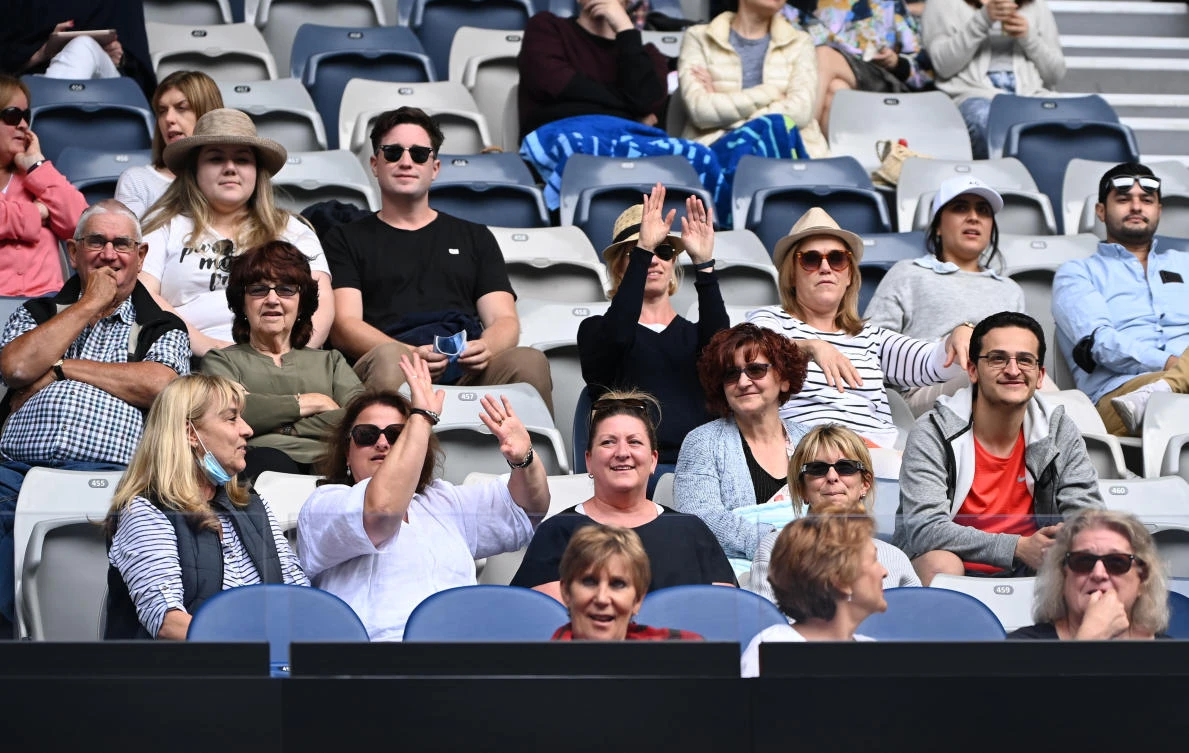 Fans watch the first round match between Canada’s Bianca Andreescu and Romania’s Mihaela Buzarnescu at the Australian Open on Feb. 8, 2021. Attendance for this year’s first Grand Slam tournament is capped at 30,000 per day. (Reuters)