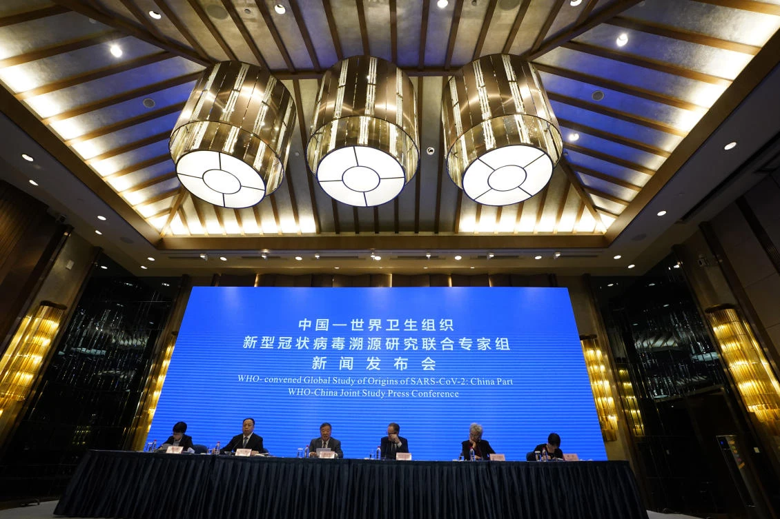 A WHO-China Joint Study Press Conference is held at the end of a WHO mission to investigate the origins of the coronavirus pandemic in Wuhan in central China’s Hubei province on Feb. 9, 2021. (AP)