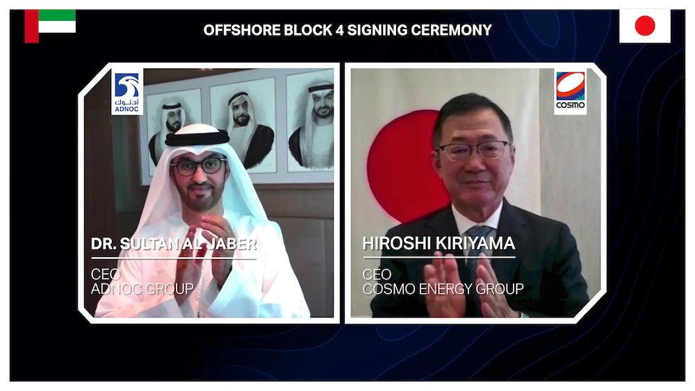 ADNOC CEO Dr. Sultan Al-Jaber and Cosmo Energy CEO Hiroshi Kiriyama sign the offshore Block 4 agreement. (WAM)
