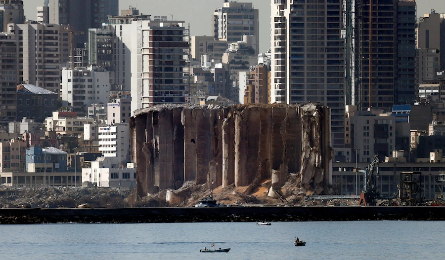 The destroyed silo is pictured on October 26, 2020 at Beirut's port following the August 4 massive chemical explosion at the site which that caused severe damage across swathes of the Lebanese capital. (File/AFP)