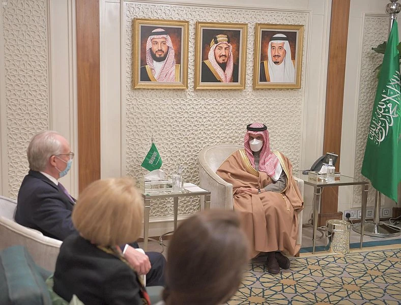 Saudi Arabia’s foreign minster Prince Faisal bin Farhan received new US envoy to Yemen, Tim Lenderking, in the capital Riyadh on Wednesday, Feb. 10, 2021. (SPA)