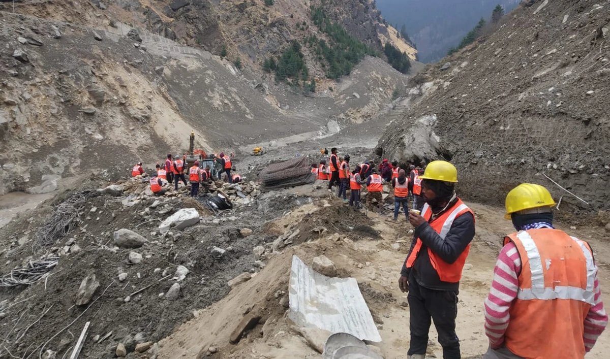 Rescue workers are seen at the Rishi Ganga power project at the Reni village of Chamoli district of Uttarakhand, which was completely washed away. (Supplied)