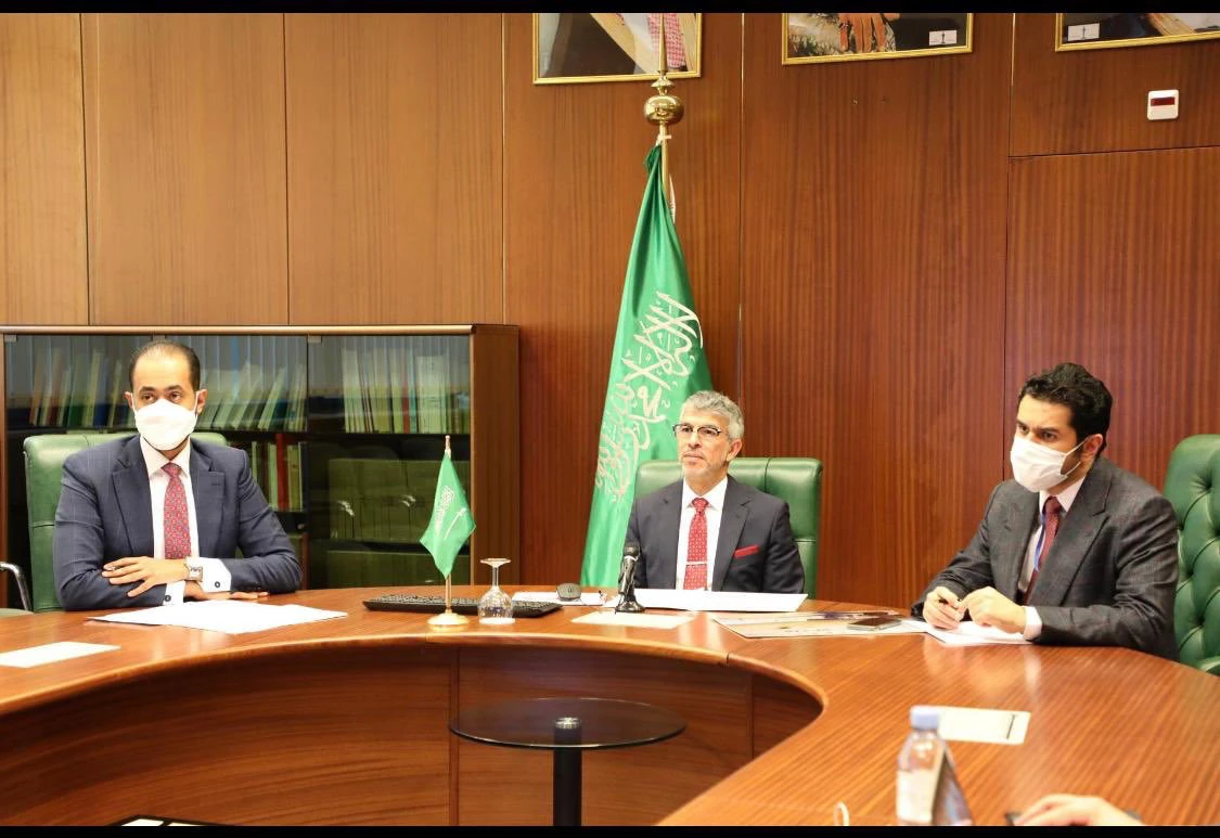 Saudi Ambassador Abdulaziz Alwasil and Yemeni Ambassador Ali Majawar attend a virtual meeting at the Saudi mission to the UN in Geneva on Saturday. (Twitter photo)