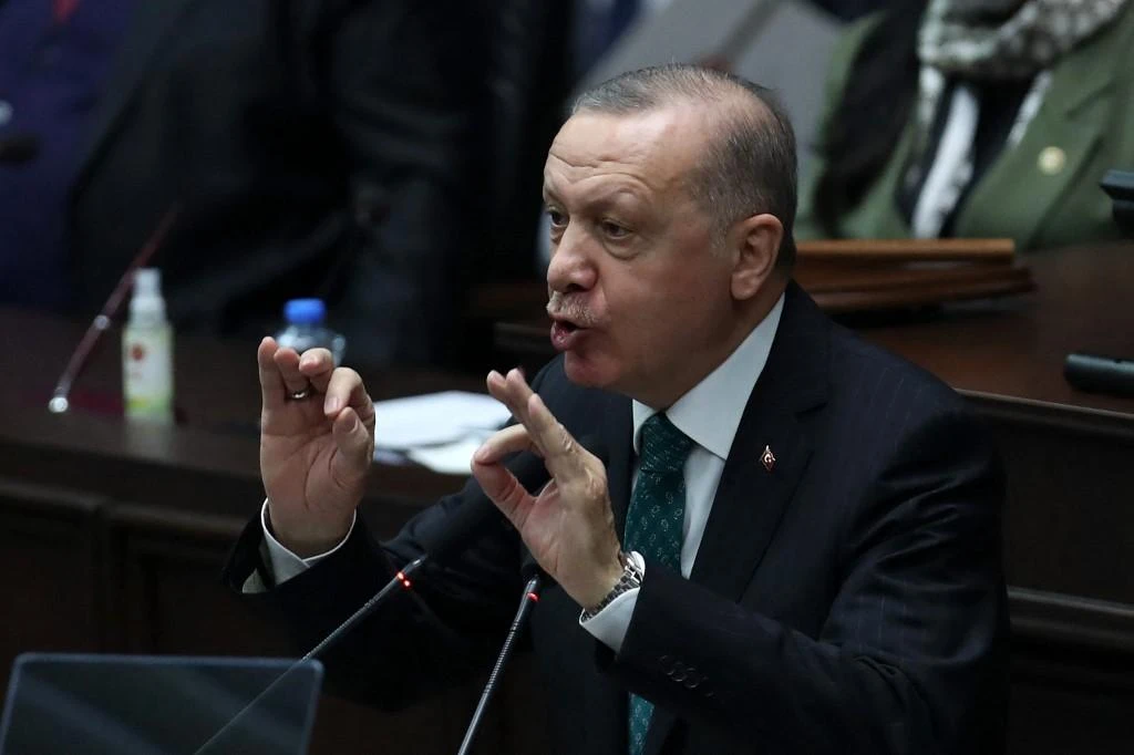Turkish President and leader of the Justice and Development Party (AK Party) Recep Tayyip Erdogan speaks during his party’s group meeting at the Turkish Grand National Assembly in Ankara on Feb. 10, 2021. (File/AFP)
