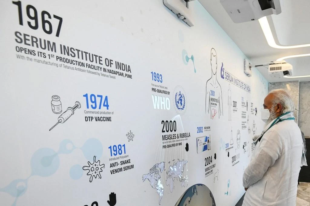 Indian prime minister Narendra Modi visits the Serum Institute of India to review the COVID-19 vaccine development on Nov. 28, 2020. (Indian Press Information Bureau via AFP)