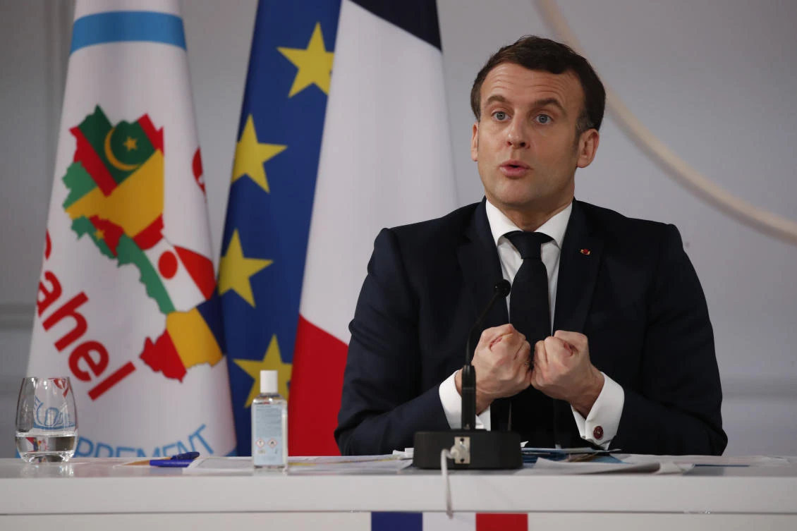 French President Emmanuel Macron delivers his speech after a meeting via video-conference with leaders of the G5 Sahel Tuesday, Feb. 16, 2021 in Paris. (AP)