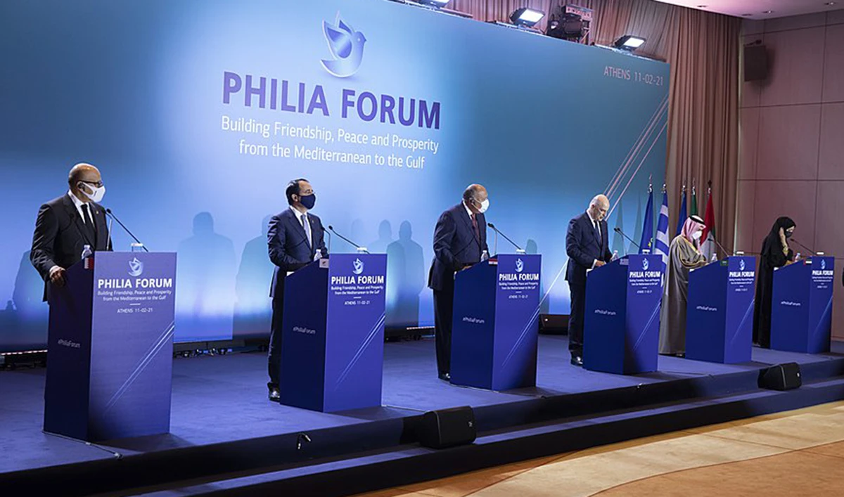 At the forum, which was held last week in Athens, Greek Foreign Minister Nikos Dendias hosted his counterparts from Saudi Arabia, Egypt, Cyprus, the UAE and Bahrain. (AP/File)