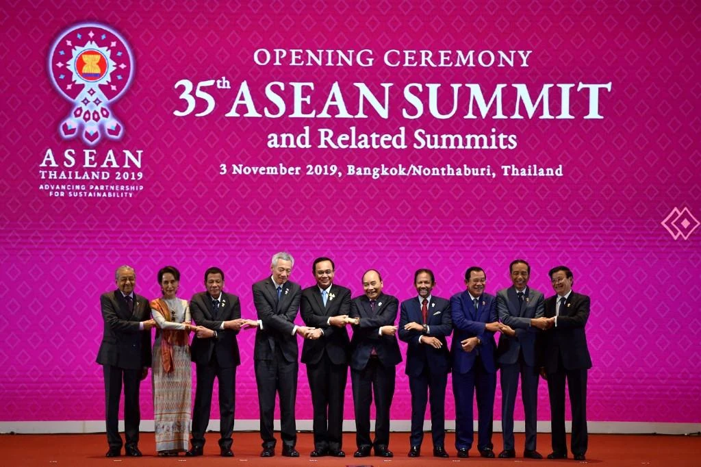 Leaders of the Association of Southeast Asian Nations, including then-Myanmar leader Aung San Suu Kyi, during a summit in Bangkok on Nov. 3, 2019. (AFP)