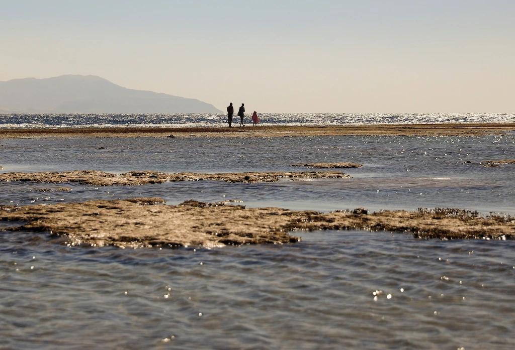 Tourists walk at the beach during a low tide in the Red Sea resort of Sharm el-Sheikh, Egypt February 14, 2021. (Reuters)