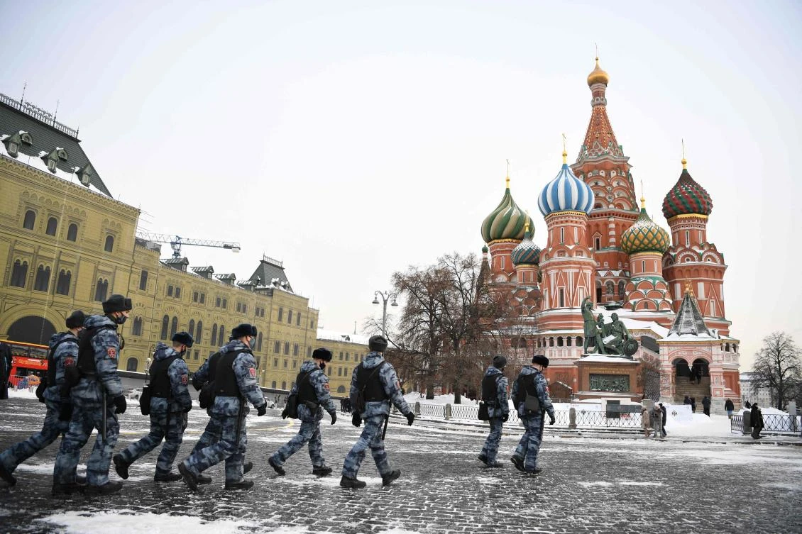 Russian police officers patrol on Red Square near the Saint Basil Cathedral in Moscow on February 20, 2021. (File/AFP)