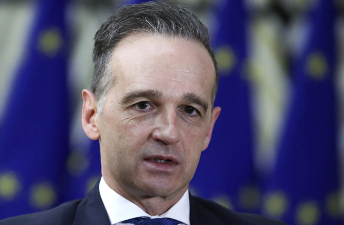 German Foreign Minister Heiko Maas speaks to the media as he arrives for a meeting of EU foreign ministers at the European Council building in Brussels, Monday, Feb 22, 2021. (AP)