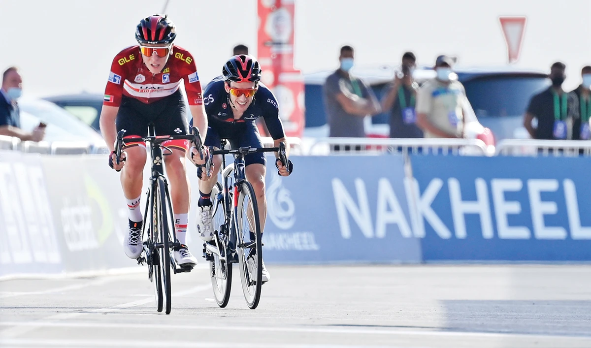 Slovenian cyclist Tadej Pogacar leads the way to the finish line on Tuesday. (AFP)