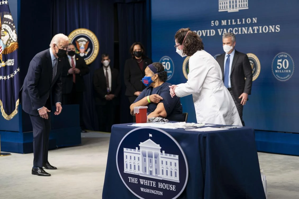 US President Joe Biden attends an event commemorating the 50 millionth COVID-19 vaccine shot on Feb. 25, 2021 in Washington, DC. (Getty Images/AFP)