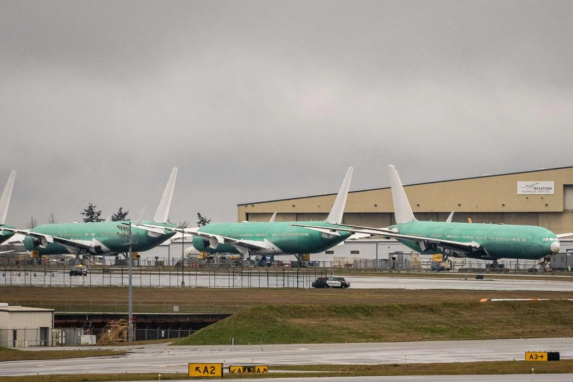 Above, 777X aircraft parked at Boeing’s facility in Everett, Washington. (Getty Images/AFP).