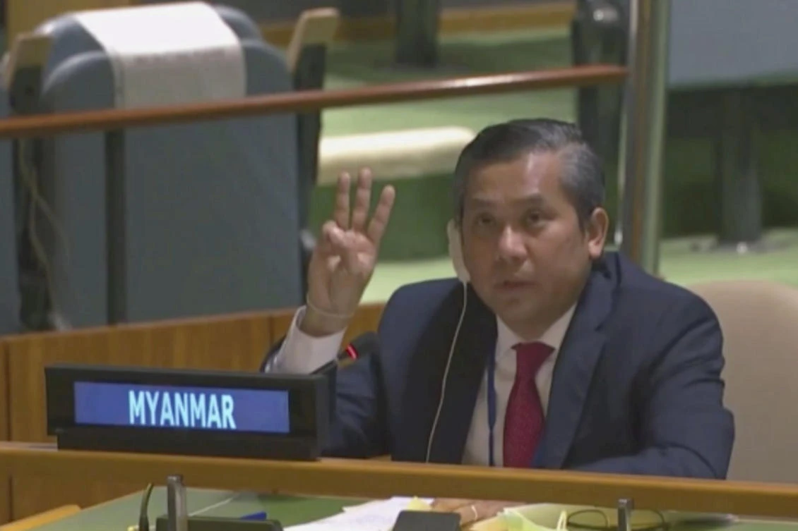 Myanmar ambassador Kyaw Moe Tun speaking before the UN General Assembly at the United Nations on Feb. 27 , 2021. (UNTV via AP)