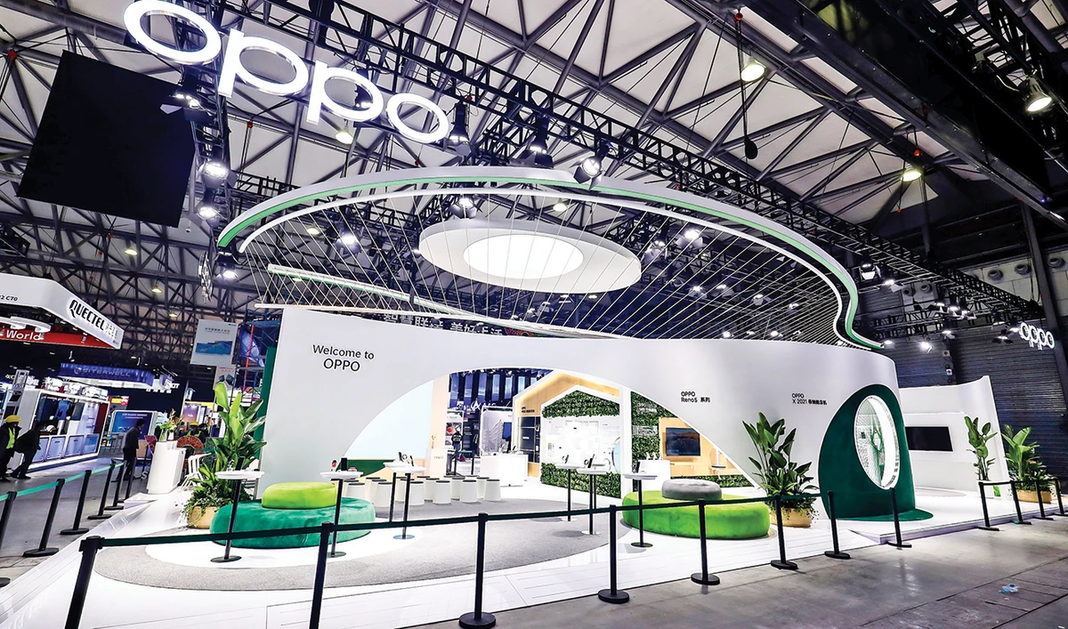 Oppo’s booth at the Mobile World Congress, Shanghai 2021, where the brand showcased a host of innovations in device charging, 5G connectivity and smart technology.