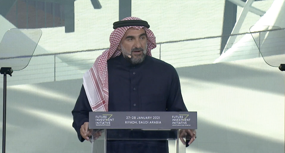 Saudi Public Investment Fund Gov. Yasir Al-Rumayyan addresses the Future Investment Initiative (FII) conference. (Screengrab YouTube)