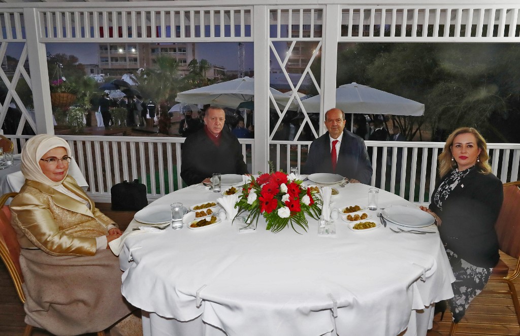 President Recep Tayyip Erdogan his wife Emine, Turkish Cypriot leader Ersin Tatar and his wife Sibel pose for a picture in the Turkish-held north of the divided Mediterranean island of Cyprus. (File/AFP)