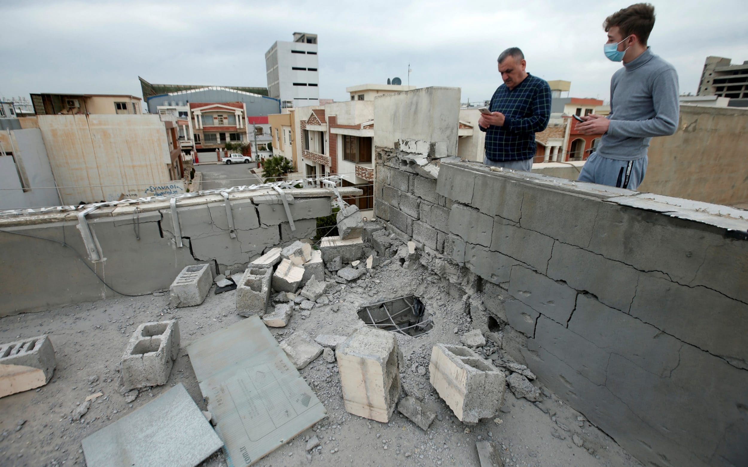 Infrastructural damage in Irbil, capital of the autonomous Kurdistan Region of Iraq, after a rocket attack targeting a US base, Feb. 16, 2021. (Reuters)
