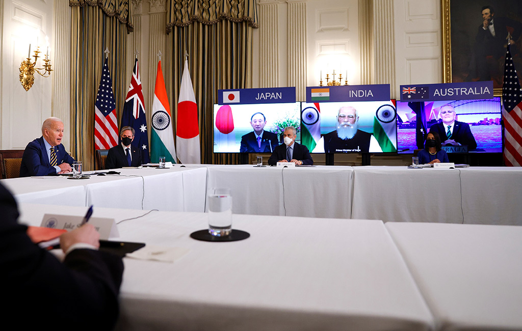 Joe Biden meets virtually with the leaders of Australia, India and Japan in the State Dining Room of the White House, Washington, Mar. 12, 2021. (AFP)