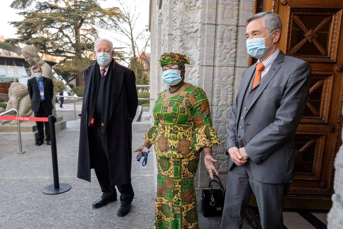 New Director-General of the World Trade Organisation Ngozi Okonjo-Iweala, center, speaks upon her arrival at the WTO headquarters to takes office in Geneva, Switzerland, Monday, March 1, 2021. (AP)