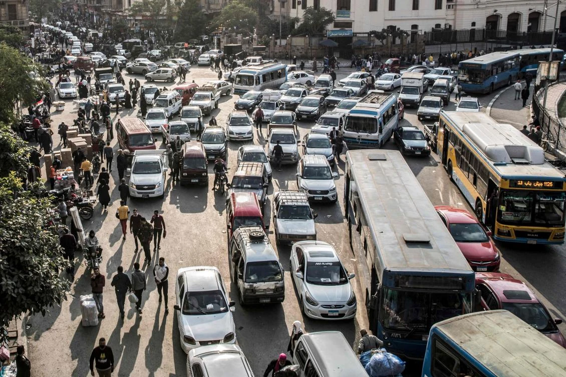 A view of vehicles stuck in a traffic jam in the central Attaba district of Egypt’s capital Cairo. (AFP)