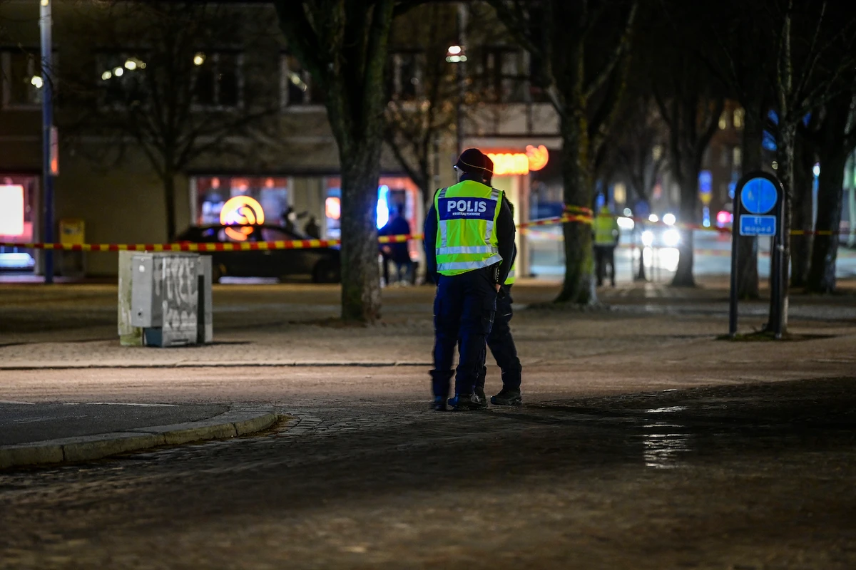 Police are seen in the area after several people were attacked in Vetlanda, Sweden, Wednesday, March 3, 2021. (AP)