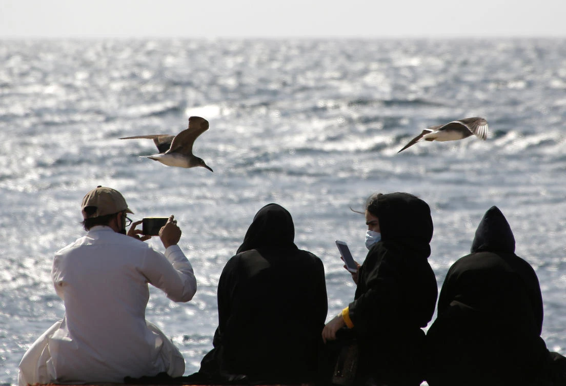 People watch and film seagulls flying over the Red Sea in the port city of Jeddah. (AP)