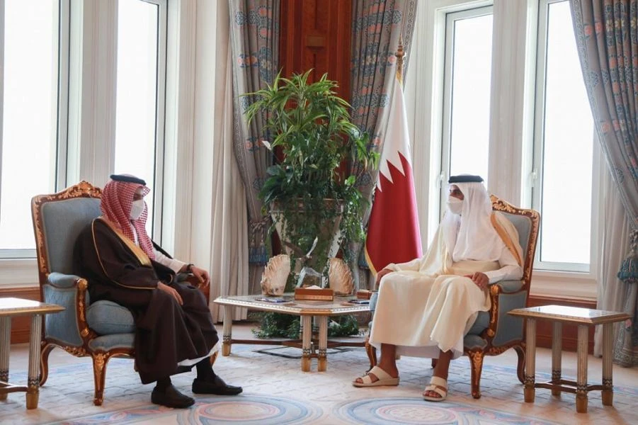 Emir of Qatar Sheikh Tamim bin Hamad receives Saudi Arabia’s Foreign Minister Prince Faisal bin Farhan in the capital Doha on Monday, March 8, 2021. (SPA)