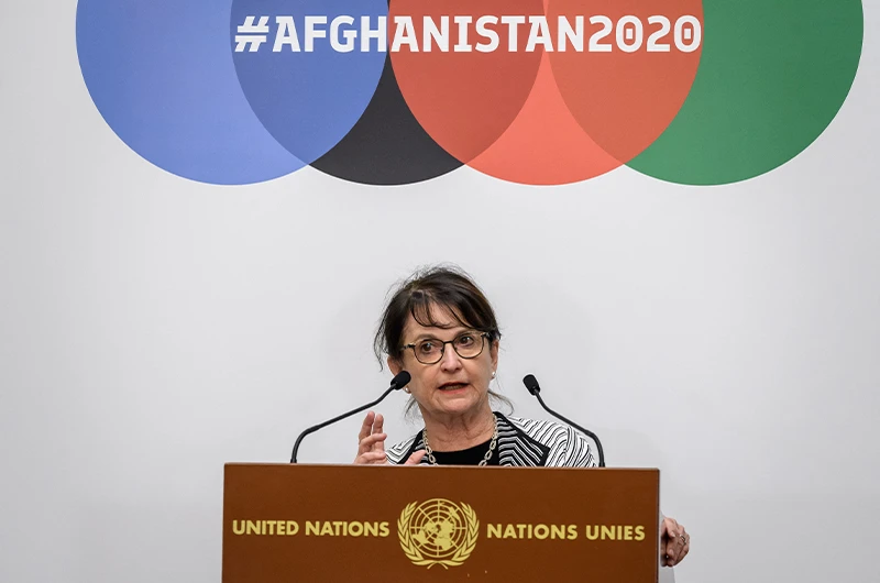 Special Representative of the UN Secretary-General for Afghanistan Deborah Lyons delivers a statement during the 2020 Afghanistan donor conference hosted by the United Nations in Geneva on November 24, 2020. (AFP/File)