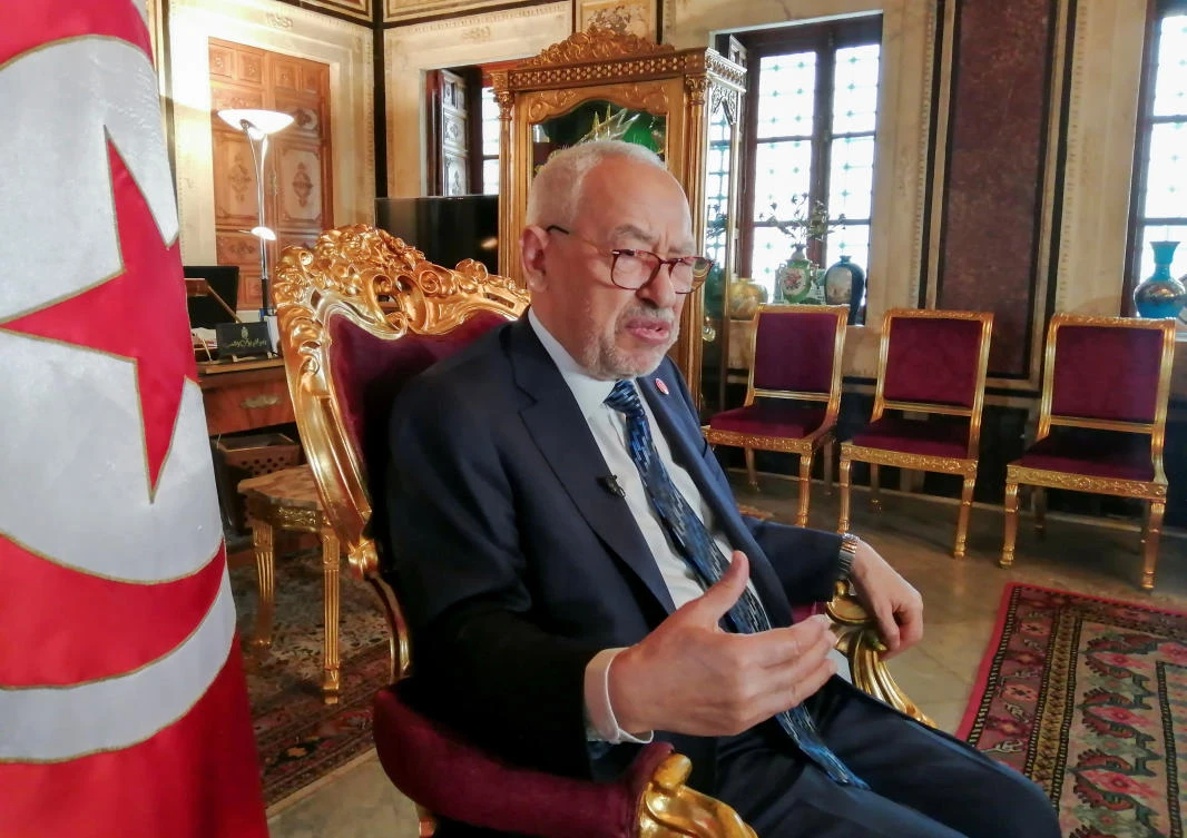 Parliament Speaker Rached Ghannouchi, head of the moderate Islamist Ennahda, speaks during an interview with Reuters in his office, in Tunis, Tunisia, March 9, 2021. (Reuters)