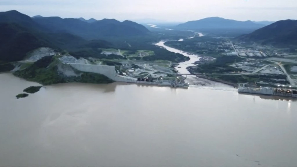 Frame grab from a video obtained from the Ethiopian Public Broadcaster (EBC) released on July 24, 2020 shows an aerial view of water levels at the GERD in Guba, Ethiopia. (File/AFP)